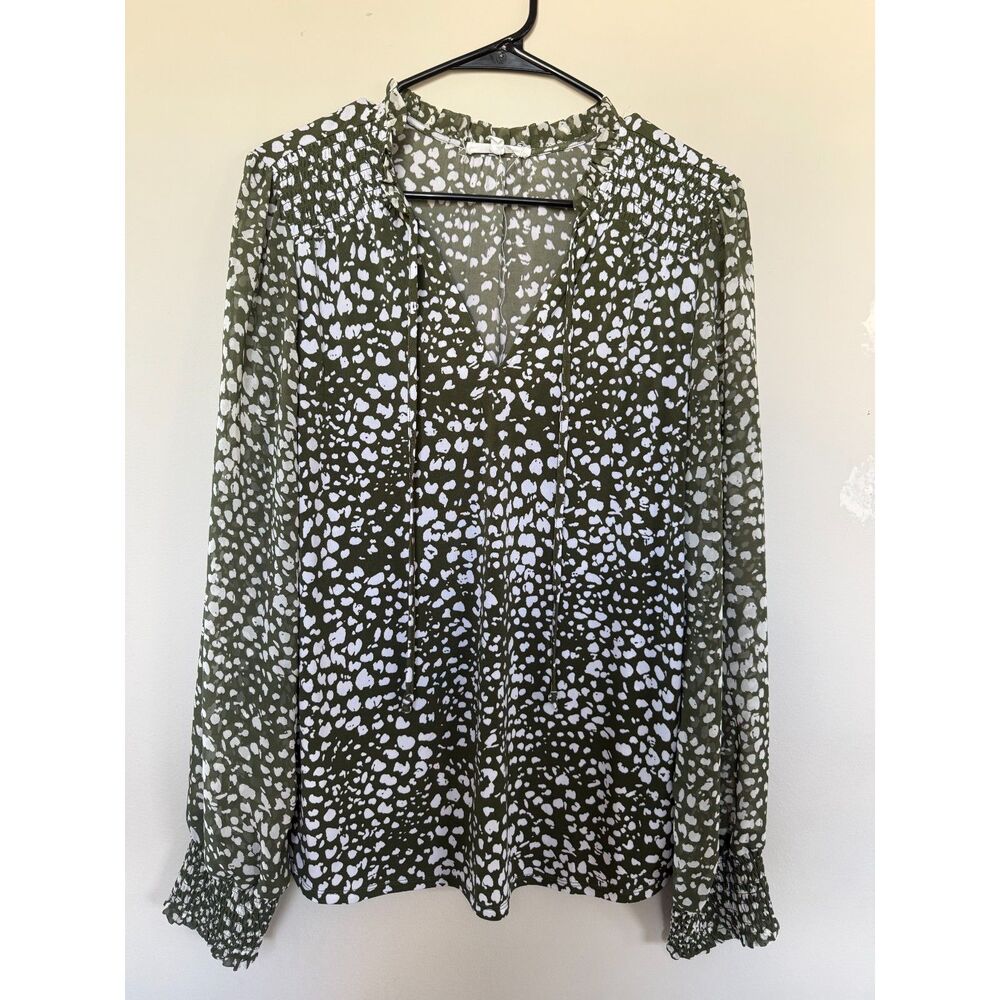 Beacon Apparel Olive Green & White Spotted Print Smocked Neck Blouse - Size XL